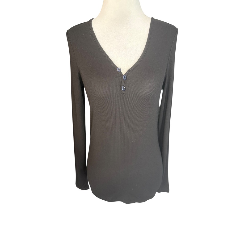 AG Adriano Goldschmied Womens Black Ribbed Long Sleeve Henley Top Size Small